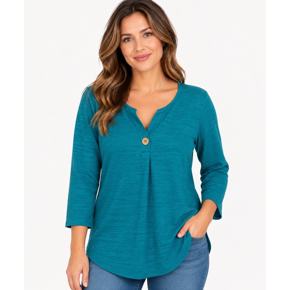 Soft Surroundings Teal Blue Slub Knit Tunic Top 3/4 Sleeve Button Front Medium